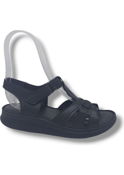 429 Kadın Siyah Cırtlı Hakiki Deri Yumuşak Taban Comfort Sandalet Ayakkabı