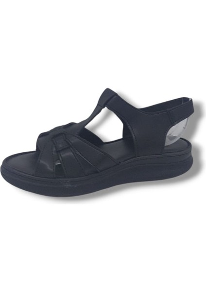 429 Kadın Siyah Cırtlı Hakiki Deri Yumuşak Taban Comfort Sandalet Ayakkabı