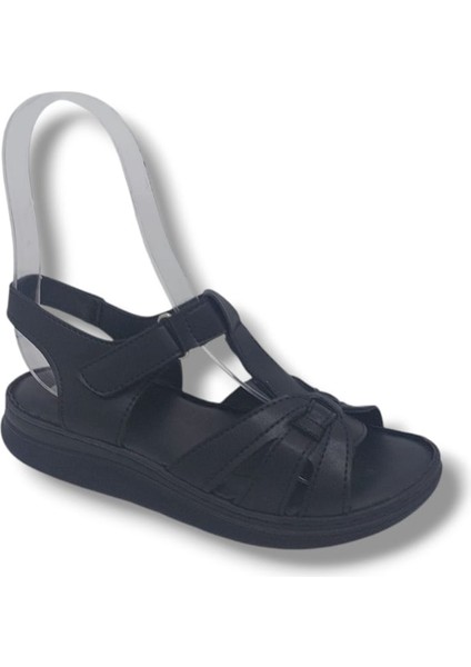 429 Kadın Siyah Cırtlı Hakiki Deri Yumuşak Taban Comfort Sandalet Ayakkabı
