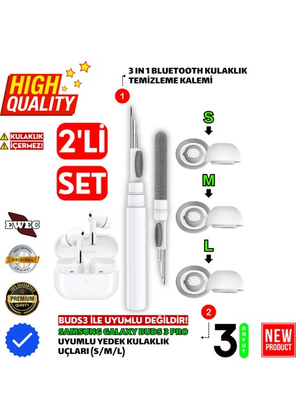Samsung Galaxy Buds3 Pro Uyumlu Silikon Kulaklık Uçları (S,m,l) ve 3 In 1 Temizleme Kalemi Seti