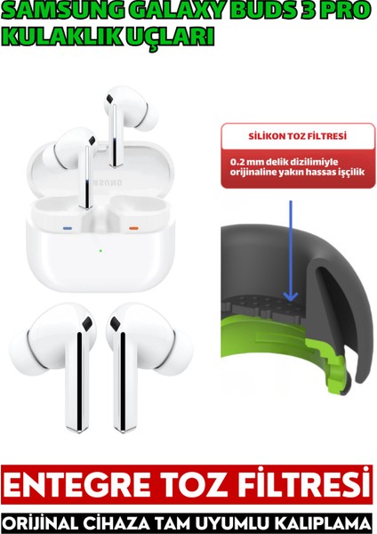 Samsung Galaxy Buds3 Pro Uyumlu Silikon Kulaklık Uçları (S,m,l) ve 3 In 1 Temizleme Kalemi Seti