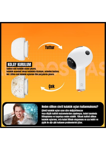 Samsung Galaxy Buds3 Pro Uyumlu Silikon Kulaklık Uçları (S,m,l) ve 3 In 1 Temizleme Kalemi Seti