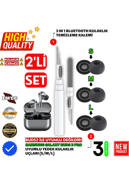 Samsung Galaxy Buds3 Pro Uyumlu Silikon Kulaklık Uçları (S,m,l) ve 3 In 1 Temizleme Kalemi Seti