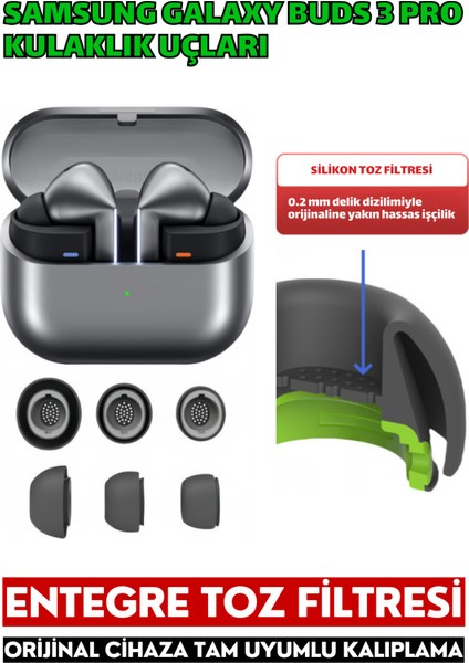 Samsung Galaxy Buds3 Pro Uyumlu Silikon Kulaklık Uçları (S,m,l) ve 3 In 1 Temizleme Kalemi Seti