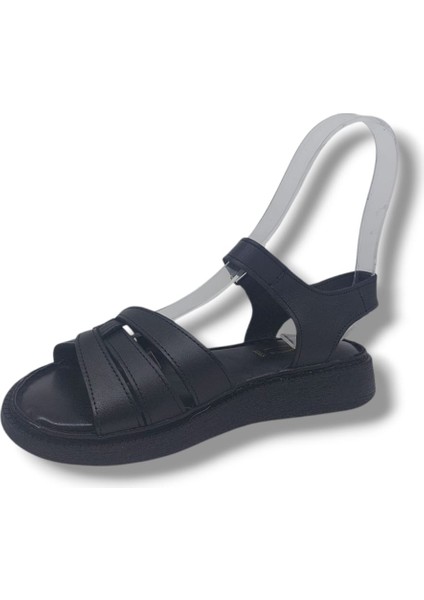 201 Kadın Siyah Cırtlı Hakiki Deri Yumuşak Taban Comfort Sandalet Ayakkabı modelleri