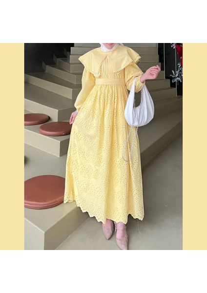 Pelerin Yaka Broderie Detaylı Elbise - Sarı -Butter Yellow