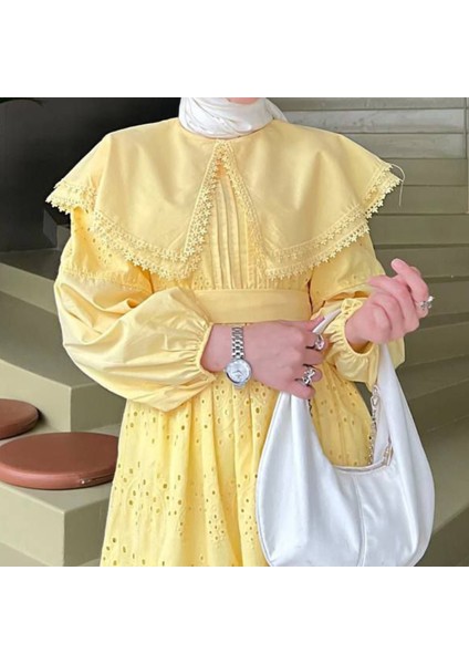 Pelerin Yaka Broderie Detaylı Elbise - Sarı -Butter Yellow fiyatları