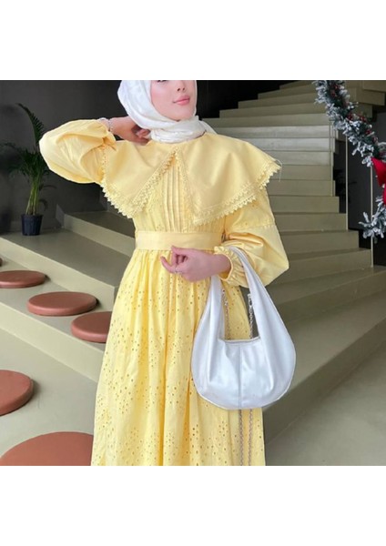 Pelerin Yaka Broderie Detaylı Elbise - Sarı -Butter Yellow modelleri