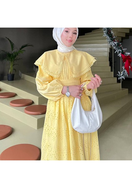 Pelerin Yaka Broderie Detaylı Elbise - Sarı -Butter Yellow fırsatları