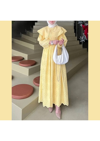 Pelerin Yaka Broderie Detaylı Elbise - Sarı -Butter Yellow indirimleri
