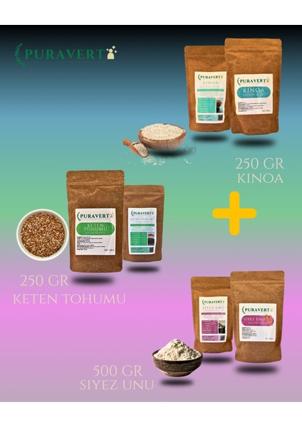 Keten Tohumu 250 gr - Puravert Kinoa 250 gr - Puravert Siyez Unu 500 gr 3'ü Bir Arada