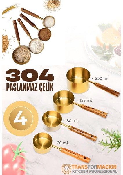 4 Lü Ölçü Kabı 304 Paslanmaz Çelik Masif Ahşap Saplı 721744 fırsatları