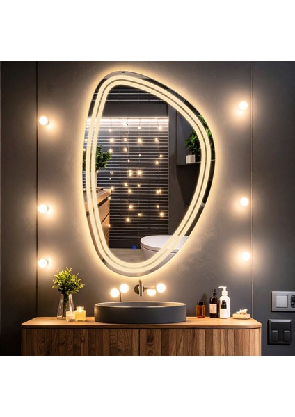 Elan Asym Günışığı Led'li Lazer Kumlamalı Lavabo & Banyo Aynası (Dokunmatik Sensörlü)