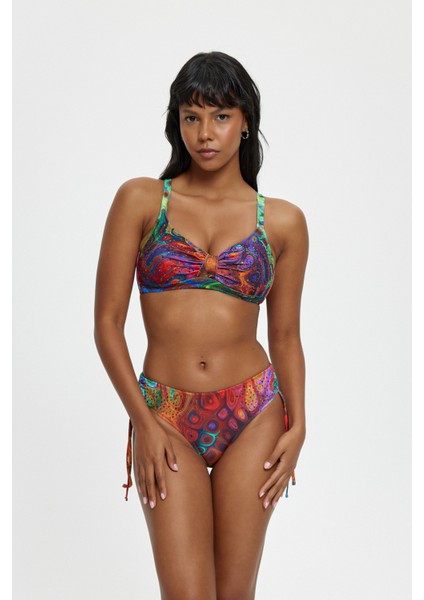 Kırmızı Desenli Ayarlanabilir Kalın Kenarlı Ince Sort Kaplı Taş Detaylı Toparlayıcı Bikini Takımı