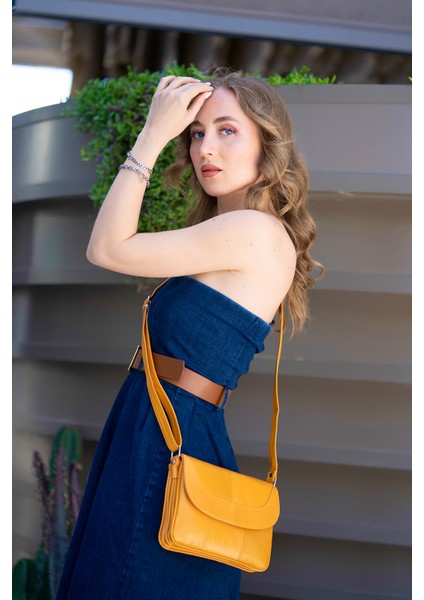 Rose Sarı Hakiki Deri 3 Körüklü Kadın Omuz Çantası Çapraz Çanta fiyatları