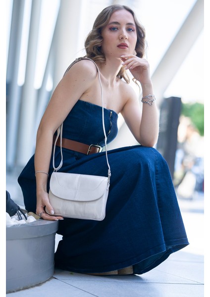 Rose Krem Hakiki Deri 3 Körüklü Kadın Omuz Çantası Çapraz Çanta