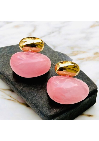 Altın Renk Pembe Taşlı Çivi Kilitli Tasarım Çelik Küpe