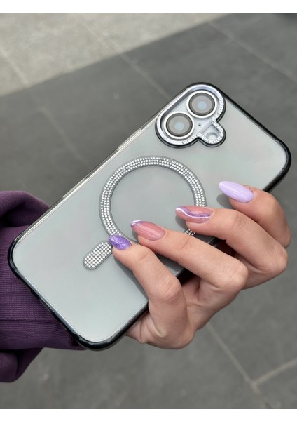 iPhone 16 Uyumlu Sararmaz Sert Mika Magsafe Pırlanta Taşlı Şeffaf Siyah Kılıf modelleri