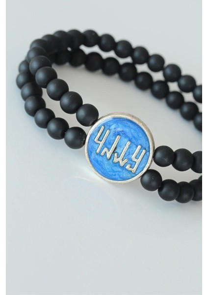 Vav Figürlü Lacivert Metal Aksesuarlı Çift Sıra Oniks Doğal Taş Erkek Bileklik fiyatları