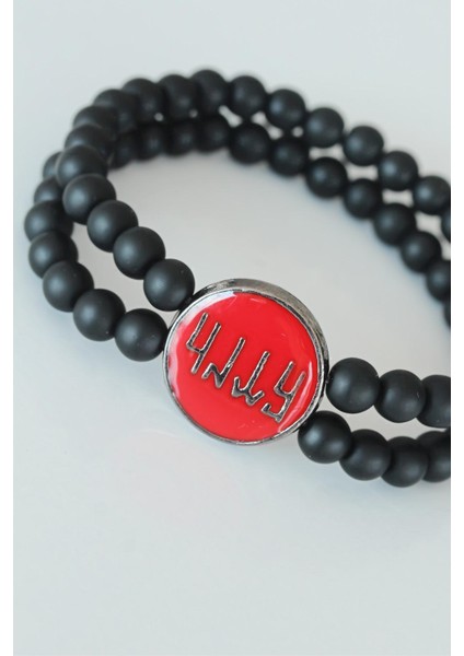 Eski Türkçe Göktürkçe Yazı Figürlü Kırmızı Metal Aksesuarlı Çift Sıra Oniks Doğal Taş Erkek Bileklik fiyatları