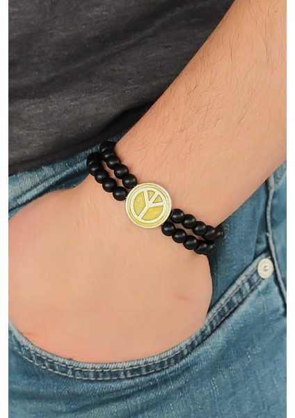 Sarı Metal Barış Simgesi Tasarımlı Siyah Renk Mat Oniks Doğal Taş Erkek Bileklik