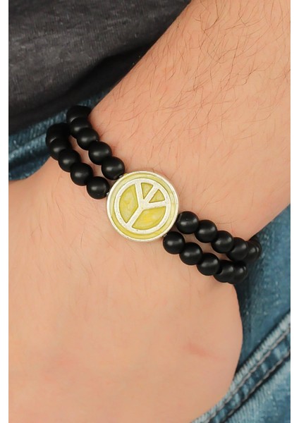 Sarı Metal Barış Simgesi Tasarımlı Siyah Renk Mat Oniks Doğal Taş Erkek Bileklik fiyatları