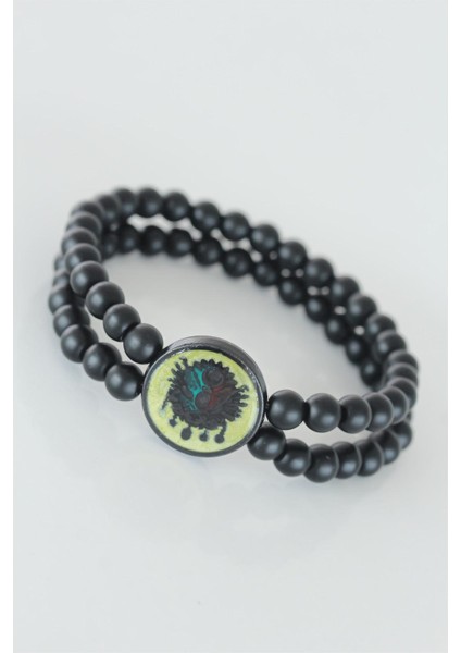 Sarı Renkli Metal Üzerine Osmanlı Arma Figürlü Siyah Renk Çift Sıra Doğal Taş Erkek Bileklik