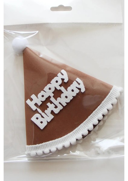 Kukuleta Happy Birthday Kahve Üzeri Beyaz Yazılı Doğum Günü Şapkası Mini Boy 13*13CM