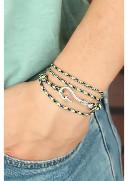 Sarı Mavi Çizgi Desenli Gümüş Renk Metal Kancalı Erkek Bileklik