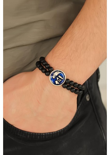 Atatürk Portre Figürlü Lacivert Metal Aksesuarlı Siyah Oniks Doğal Taş Erkek Bileklik