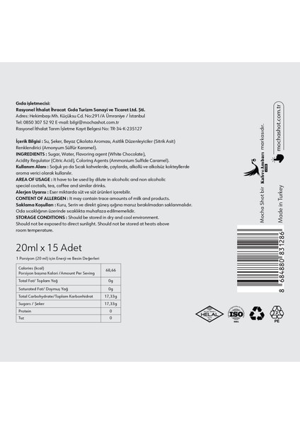 Mochashot Beyaz Çikolata Aromalı Tek Kullanımlık Kahve Şurubu 20 ml x 15 Adet