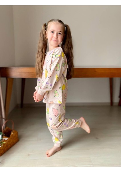 Meyve Desen Kız Çocuk Pembe Karpuz Avokado Muz Pijama Takımı