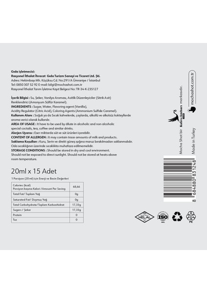 Vanilya Aromalı Tek Kullanımlık Kahve Şurubu 20 ml x 15 Adet