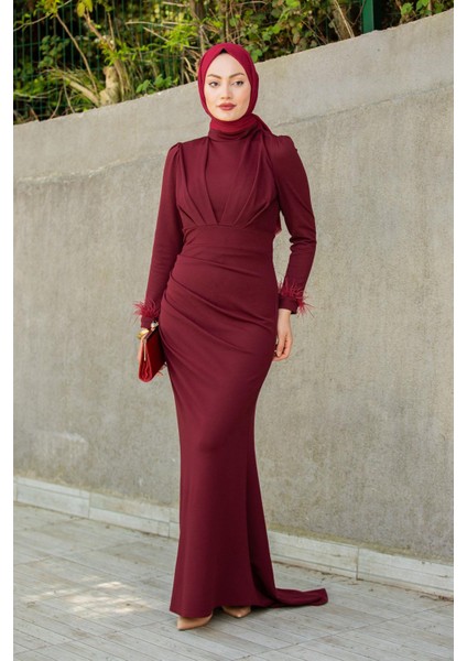 Rua Tüy ve Drape Detaylı Abiye-Bordo