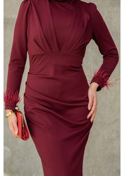 Rua Tüy ve Drape Detaylı Abiye-Bordo fiyatları