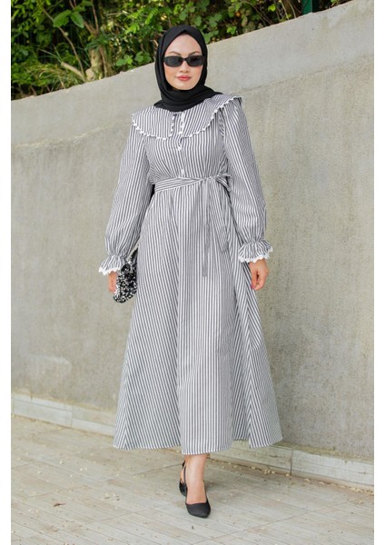 Noor Çizgili Keten Dokuma Elbise-Siyah