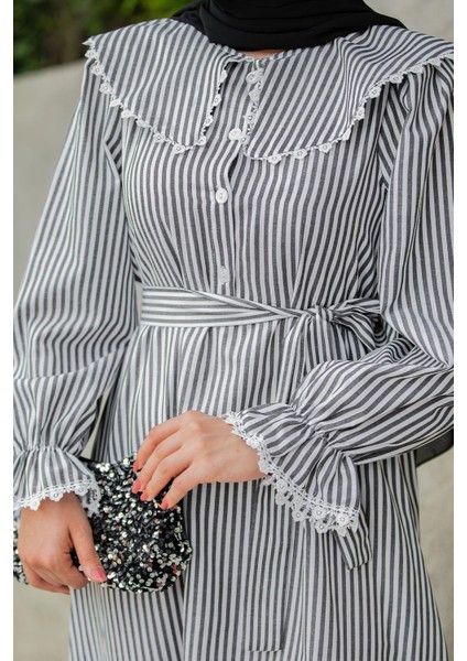 Noor Çizgili Keten Dokuma Elbise-Siyah fiyatları