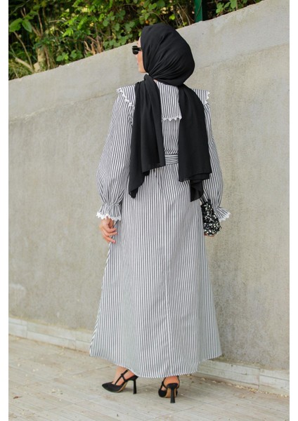 Noor Çizgili Keten Dokuma Elbise-Siyah modelleri