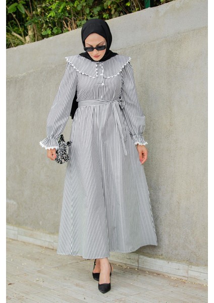 Noor Çizgili Keten Dokuma Elbise-Siyah fırsatları