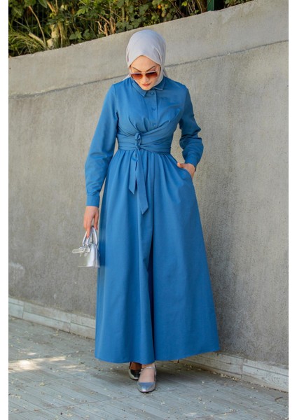 Qua Pamuk Cotton Bağlamalı Elbise-Mavi fırsatları