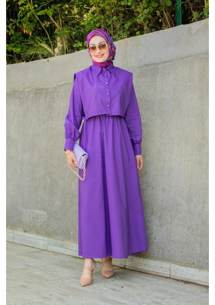 Üst Cepkenli Pamuk Cotton Elbise-Mor