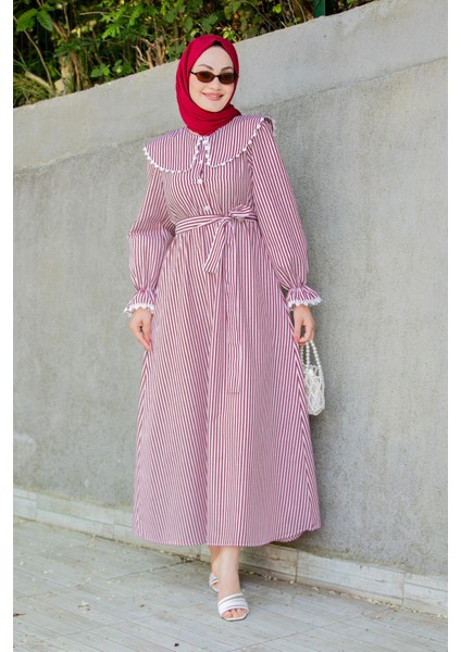 Noor Çizgili Keten Dokuma Elbise-Bordo