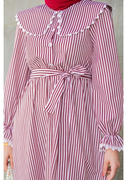 Noor Çizgili Keten Dokuma Elbise-Bordo fiyatları