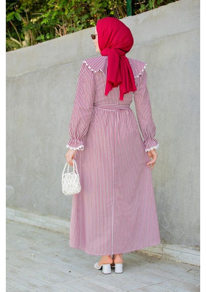 Noor Çizgili Keten Dokuma Elbise-Bordo modelleri