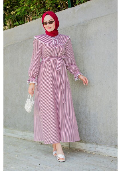 Noor Çizgili Keten Dokuma Elbise-Bordo fırsatları