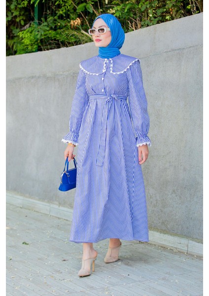 Noor Çizgili Keten Dokuma Elbise-Mavi