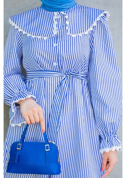 Noor Çizgili Keten Dokuma Elbise-Mavi fiyatları