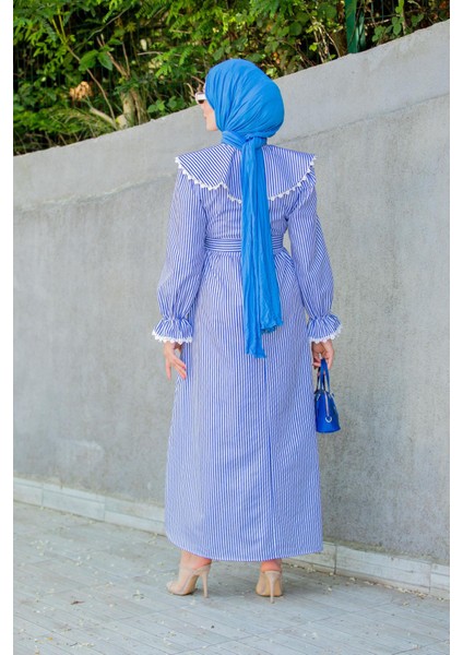 Noor Çizgili Keten Dokuma Elbise-Mavi modelleri