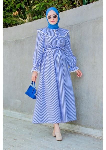 Noor Çizgili Keten Dokuma Elbise-Mavi fırsatları