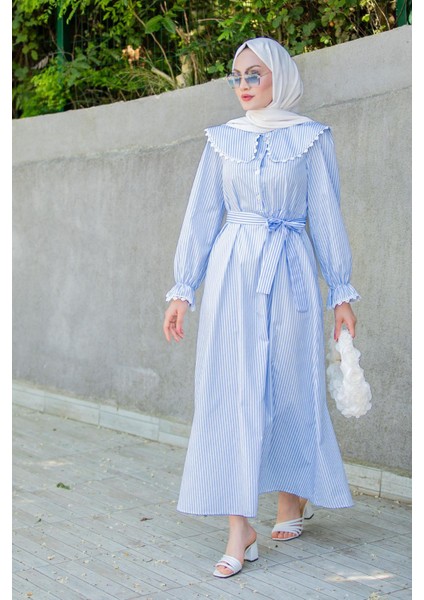 Noor Çizgili Keten Dokuma Elbise-Bebemavi